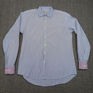Etro Shirt Mens 42 Blue White Stripe Check Collar Italian Dress Shirt Made Italy